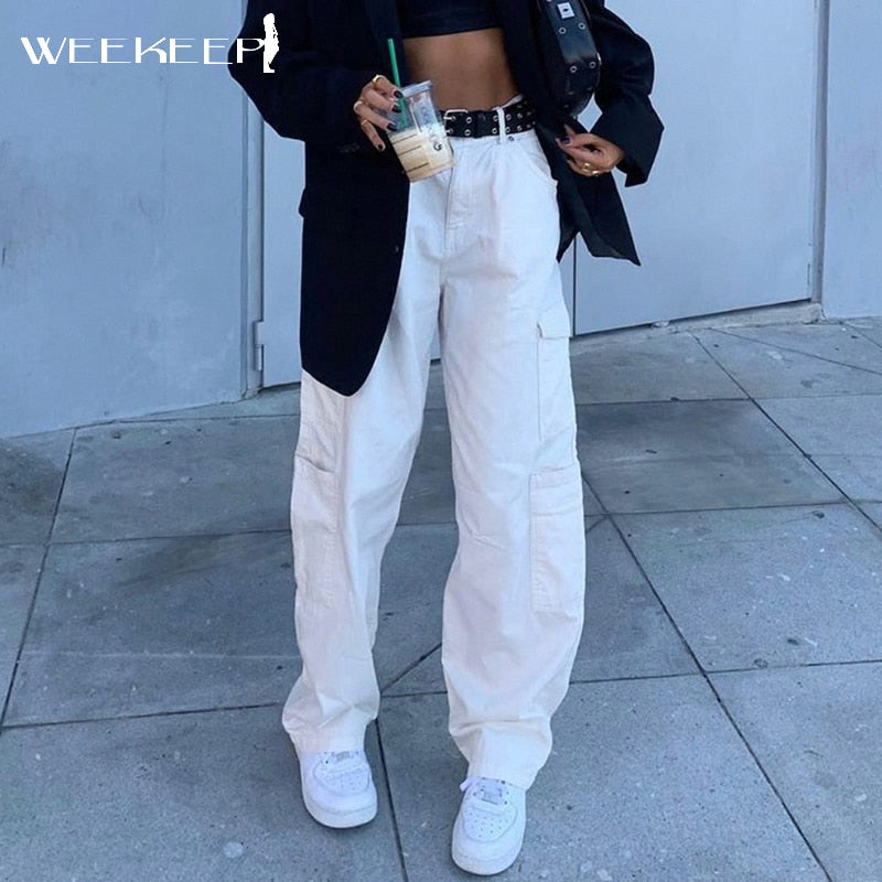 Weekeep Fashion Streetwear Women Jeans Pocket High Waist Jeans Korean Casual Straight Harajuku Denim Pants Baggy New Cargo Pants