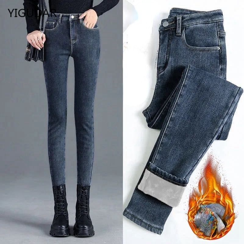 Winter Thick Velvet Women jeans High Waist Skinny Jeans Simple Fleece Warm Slim fit Stretch Lady Denim Pencil Pants baggy jeans