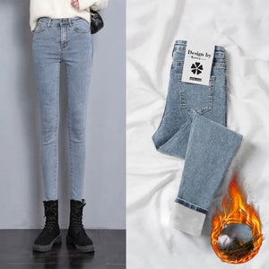 Winter Thick Velvet Women jeans High Waist Skinny Jeans Simple Fleece Warm Slim fit Stretch Lady Denim Pencil Pants baggy jeans