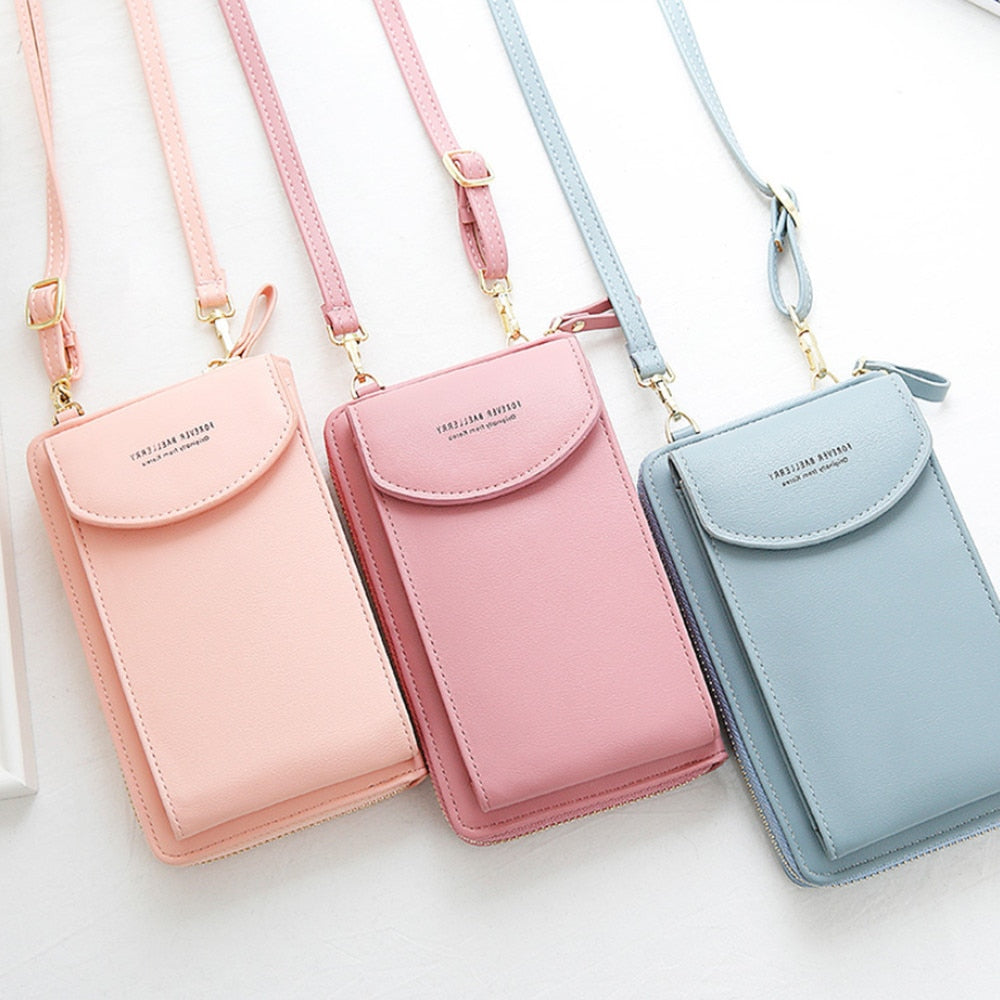 New Women Purses Solid Color Leather Summer Bag Shoulder Strap Mobile Phone Bag Card Holders Wallet Handbag Pockets for Girls