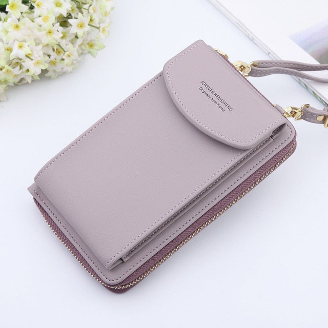 New Women Purses Solid Color Leather Summer Bag Shoulder Strap Mobile Phone Bag Card Holders Wallet Handbag Pockets for Girls