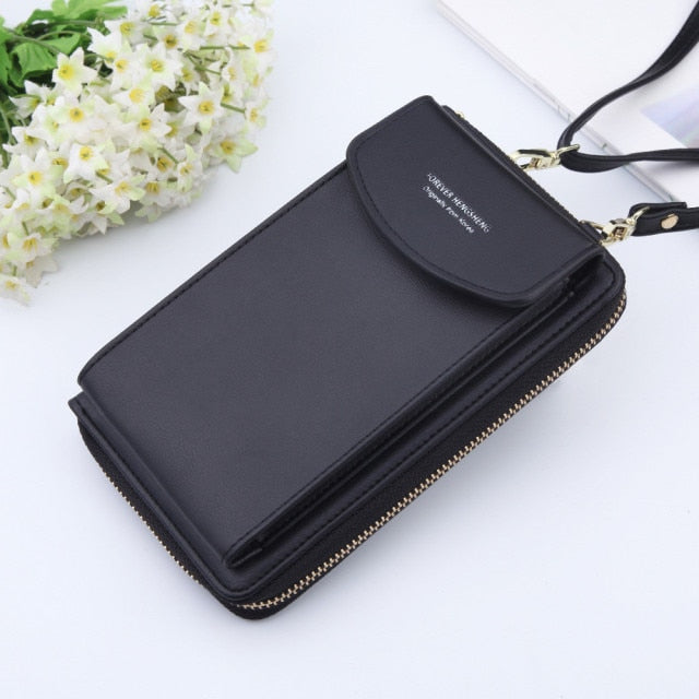 New Women Purses Solid Color Leather Summer Bag Shoulder Strap Mobile Phone Bag Card Holders Wallet Handbag Pockets for Girls