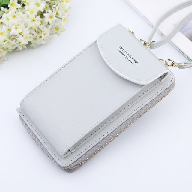 New Women Purses Solid Color Leather Summer Bag Shoulder Strap Mobile Phone Bag Card Holders Wallet Handbag Pockets for Girls