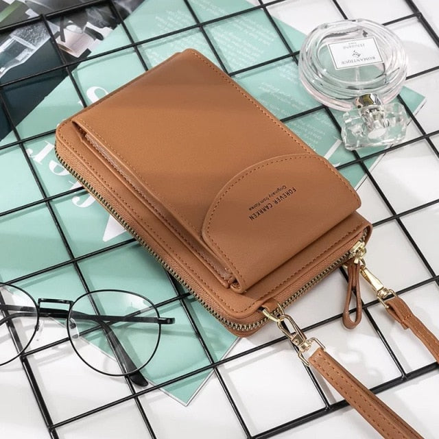 New Women Purses Solid Color Leather Summer Bag Shoulder Strap Mobile Phone Bag Card Holders Wallet Handbag Pockets for Girls