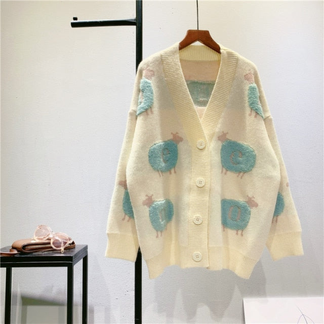 New Women Girl Fall Winter Cardigans Full Sleeve Knitted Sweaters V Neck Basic Knitwear Rainbow Jacket Loose Cardigans Tops