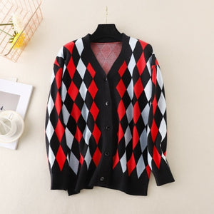 New Women Girl Fall Winter Cardigans Full Sleeve Knitted Sweaters V Neck Basic Knitwear Rainbow Jacket Loose Cardigans Tops