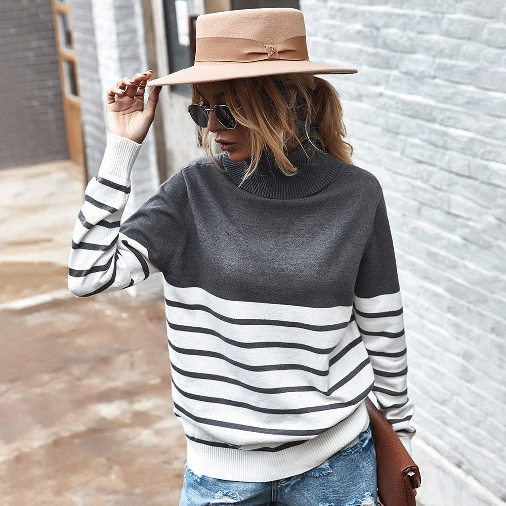 Striped Turtleneck Sweater Women 2021 Fall Long Sleeved Kintted Woman Sweaters Brown Warm Pull Femme Casual Jersey Mujer