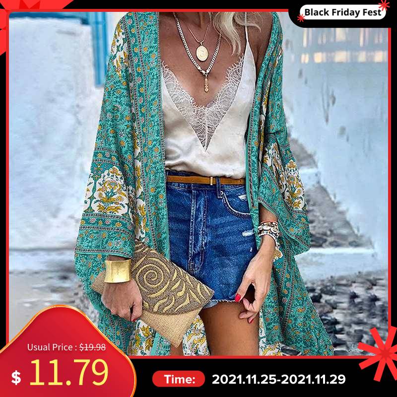 ZANZEA Women Cardigan Summer Open Front Bohemian Floral Printed Blouse Kimono Casual Loose Beach Tops Vintage Long Sleeve Blusas