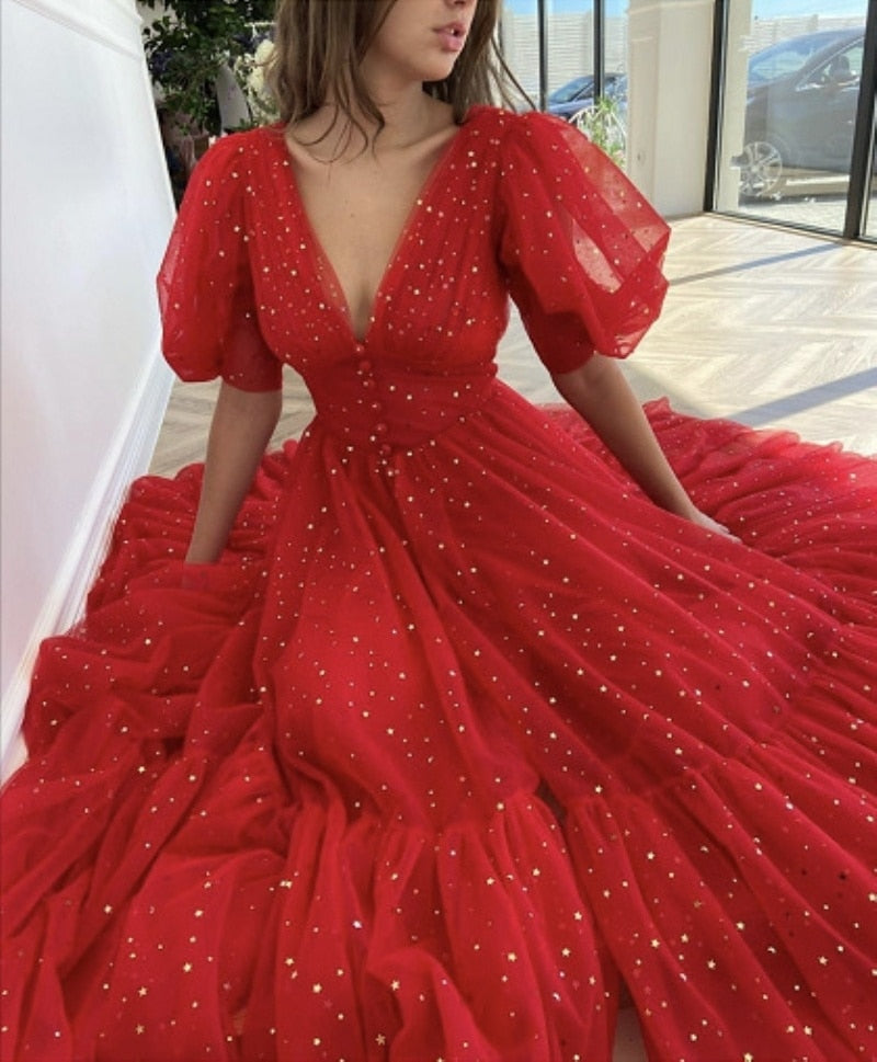 2022 Luxury Women&#39;s Stars Sequins Dress Party Lantern Sleeve Single Breasted Prom Dress Summer Long Mesh Tulle Dress Black