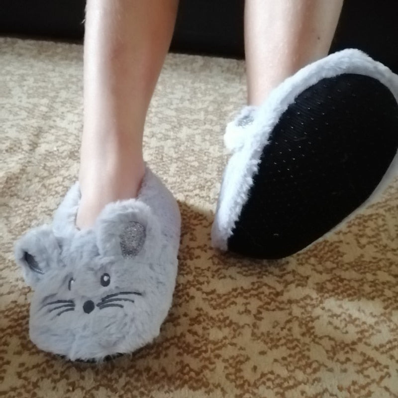 House Fuzzy Slipper Women Winter Fur Contton Warm Plush Non Skid Grip Indoor Home Fluffy Lazy Female Mouse Ears Embroidery Shoes