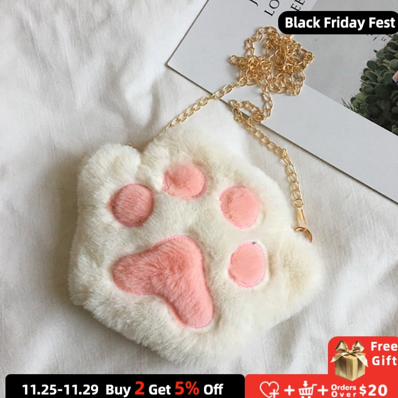 Cute Bear Paw Girls Chain Zipper Shoulder Bag Lovely Children's Soft Plush Coin Purse Baby Boys Accessories Small Crossbody Bags