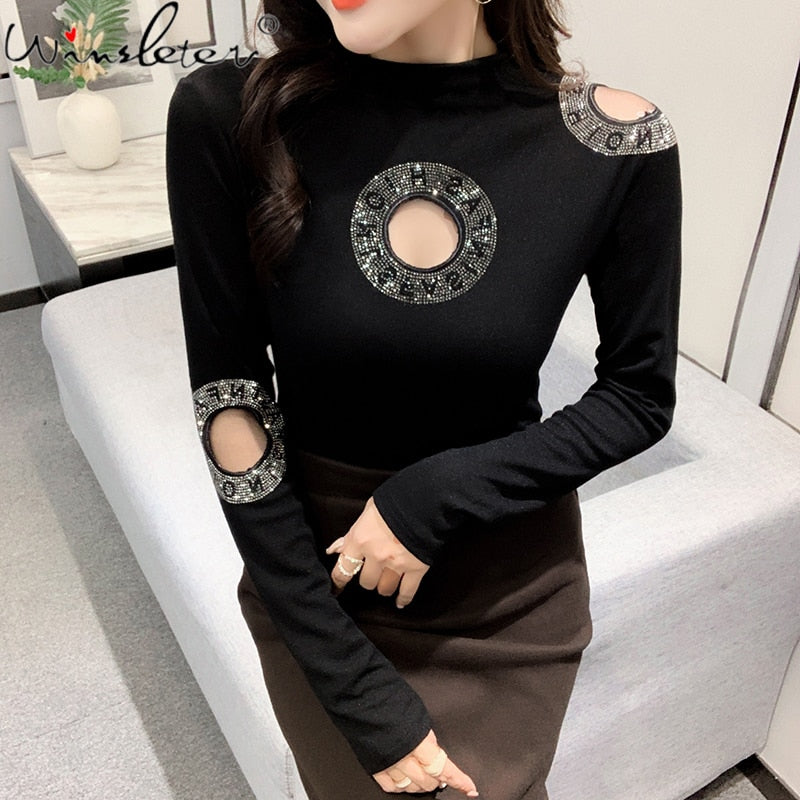 MadBlack Fall Winter European Clothes T-Shirt Fashion Sexy Mock Neck Diamonds Hollow Out Women Tops Long Sleeve Tees New T19931A