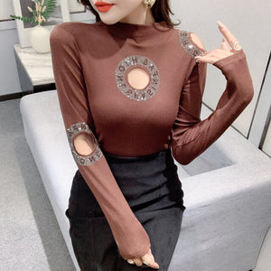 MadBlack Fall Winter European Clothes T-Shirt Fashion Sexy Mock Neck Diamonds Hollow Out Women Tops Long Sleeve Tees New T19931A