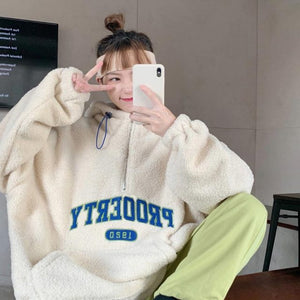 OUSLEE Letters Women's Hoodies Zipper Sweatshirts Fall Winter Casual Loose Teddy Hooded Pullovers Female Plus Size Streetwear3XL