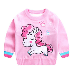 Cute Little Horse Girls Sweaters Toddler Pink Pullover Knitwear Winter Fall Clothes For Kids Cotton