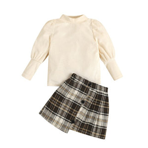 Little Kids Toddler Baby Girl Fashion Outfits Knitted T-Shirt Tops Plaid Mini Skirt Set 2Pcs Spring Fall Winter Clothes