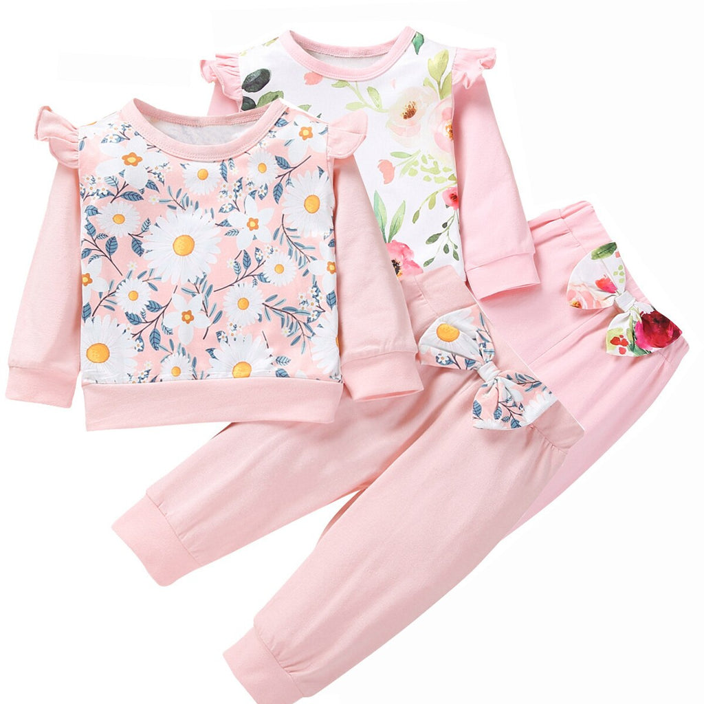 Winter Fall Newborn Baby Girl Little Daisy Floral Cotton Lounge Set Children Long Sleeve Top Sweater Bow Long Pants Clothes Set