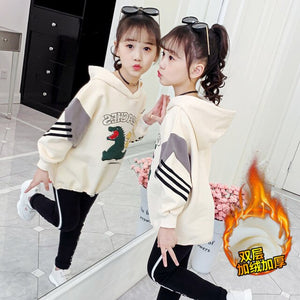 Baby Girls Hoodies Teenager Kids Dinosaur Hoodie Tops Fall Winter Thicken Warm Outerwear Children Long Sleeve Hooded Sweatshirt