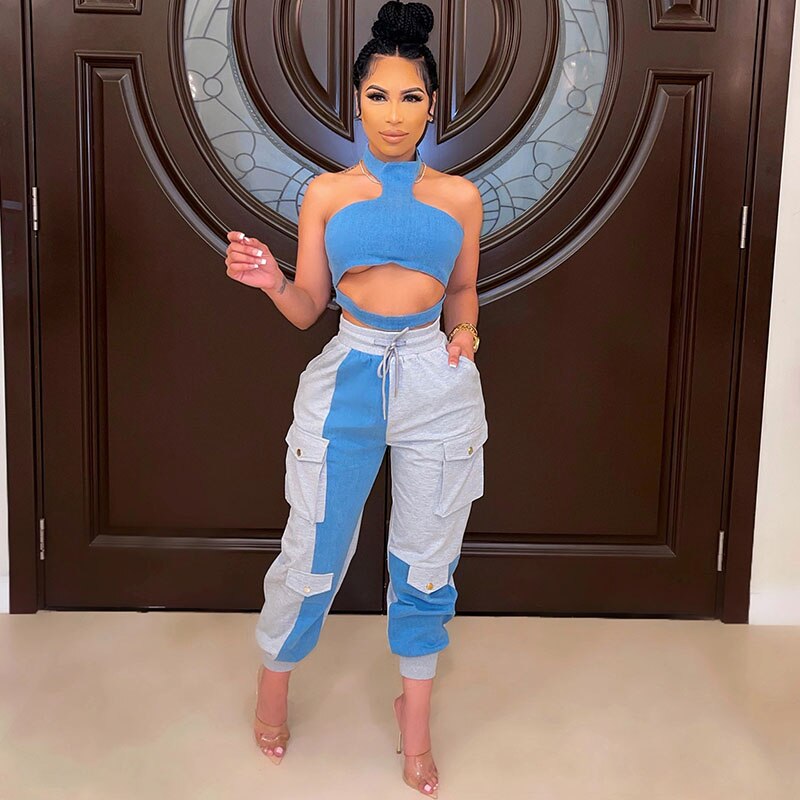 Sexy Two Piece Set Women Matching Sets Y2K Crop Top and Cargo Pants Sweat Suits Streetwear Patchwork 2 Piece Outfits Tracksuit