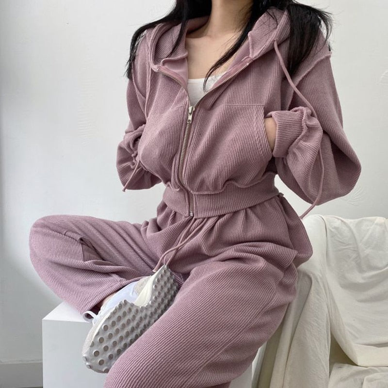 JMPRS Fashion 2 Piece Set Women Sweat Suits Simple Chic Hooded High Waist Drawstring Casual Pants Spring Tracksuits Outfits 2021