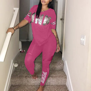 2 Piece Set Tracksuit Casual Women Sweatsuit Pink Letter Print Plus Size Tops Skinny Pants Sweat Suits Sports Two Piece Outfits