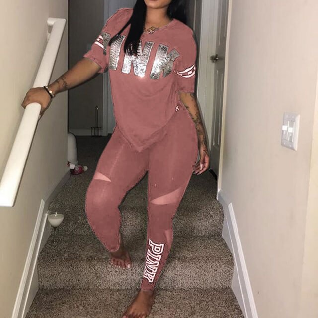 2 Piece Set Tracksuit Casual Women Sweatsuit Pink Letter Print Plus Size Tops Skinny Pants Sweat Suits Sports Two Piece Outfits