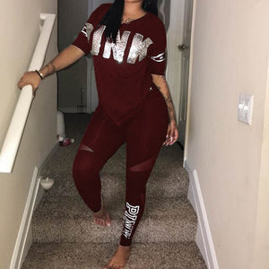 2 Piece Set Tracksuit Casual Women Sweatsuit Pink Letter Print Plus Size Tops Skinny Pants Sweat Suits Sports Two Piece Outfits