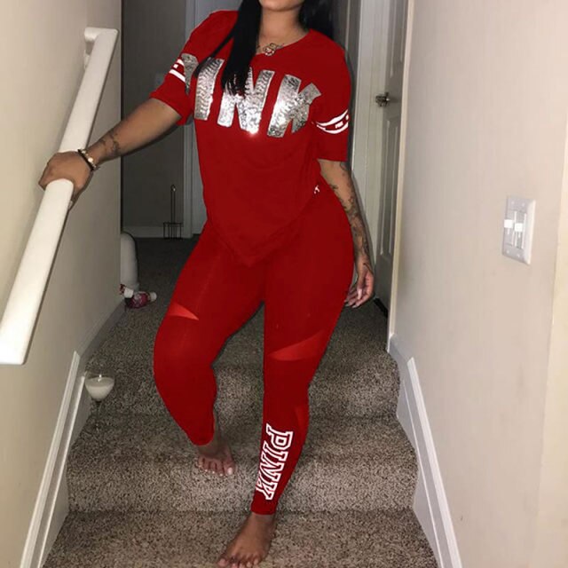 2 Piece Set Tracksuit Casual Women Sweatsuit Pink Letter Print Plus Size Tops Skinny Pants Sweat Suits Sports Two Piece Outfits