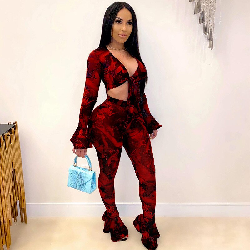 2020 Autumn Sexy Two Piece Set Outfits for Woman Flared Pants Set Tracksuit 2 Piece Set Female Mesh Tight Sweat Suits