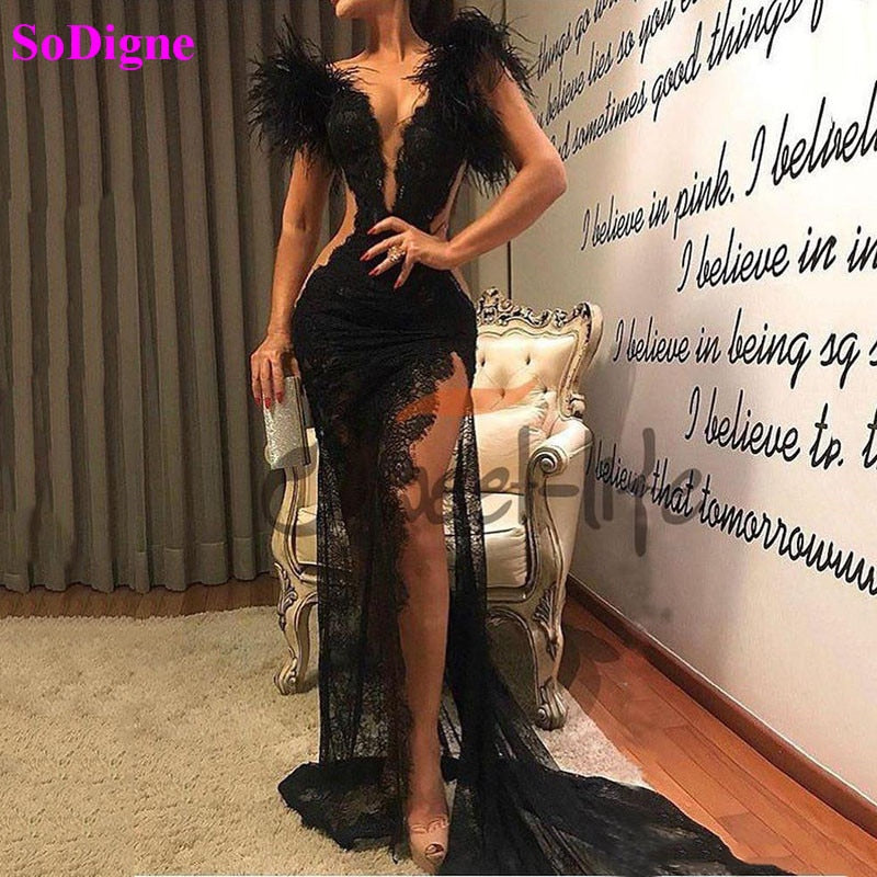 SoDigne Lace Black Prom Dresses High Side Split Evening Gowns 2022 Sexy V Neck Feather Formal Party Dress Women
