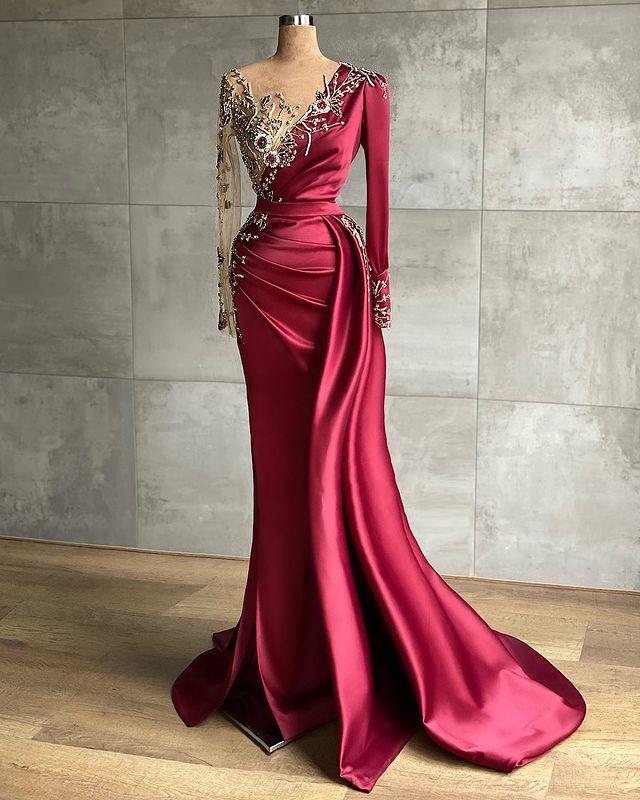 Luxurious Arabic Aso Ebi Burgundy Mermaid Evening Dresses 2022 Beaded Crystals Sheer Neck Prom Formal Party Reception Gowns