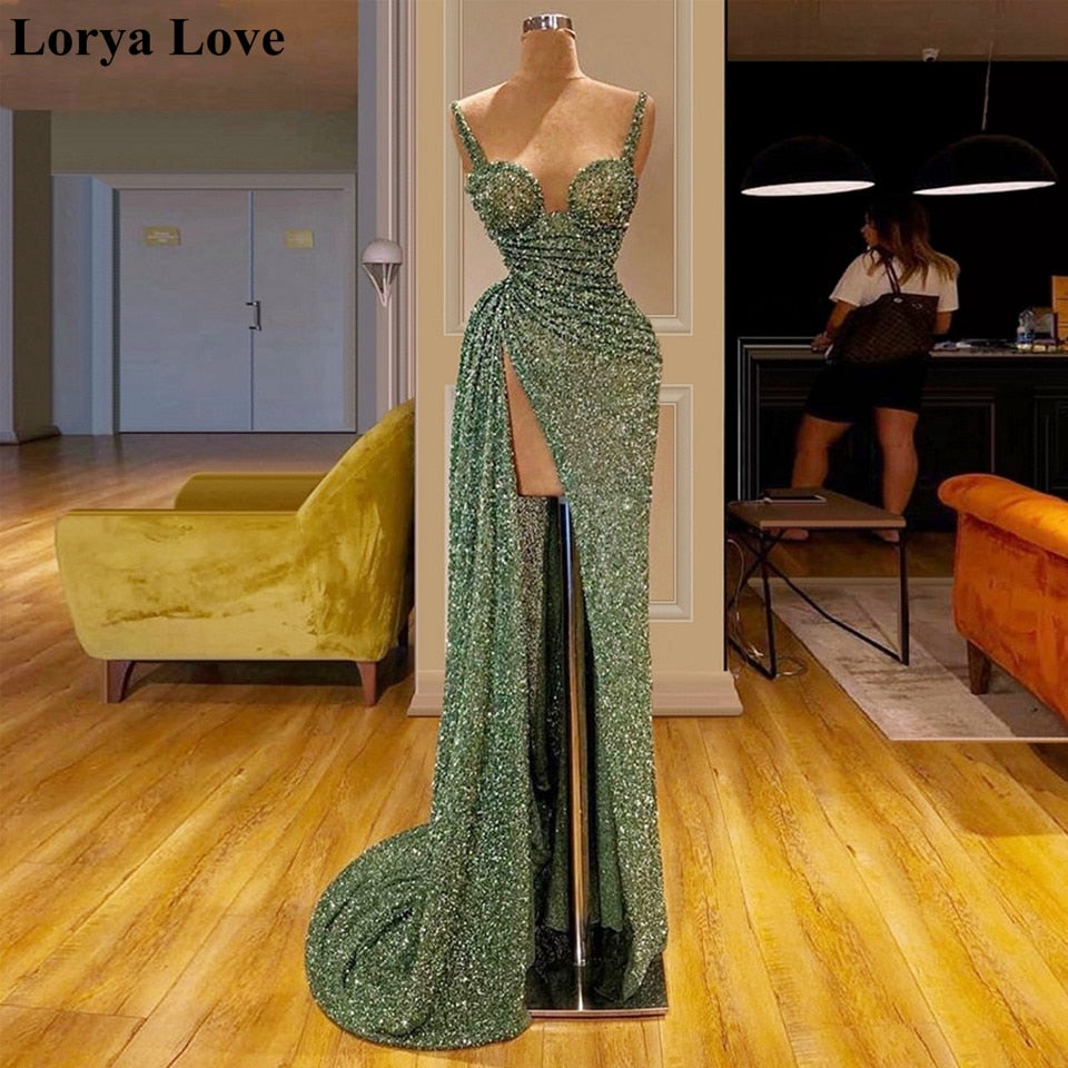 Green Sequin Mermaid Prom Dresses Women Formal Party Night Side Split Evening Gown 2022 Spaghetti Straps Elegant Vestido De Gala