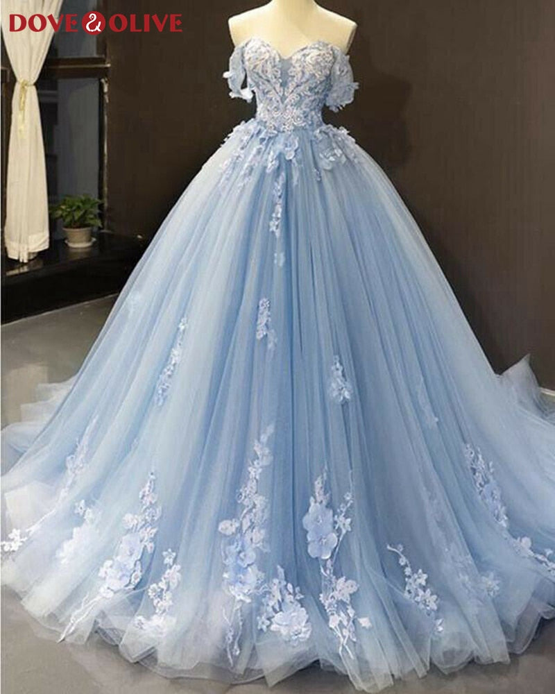 Elegant Sweetheart Neck Evening Dresses 2022 New Elegant Light Blue Off The Shoulder Appliques Formal Long Prom robe de soiree