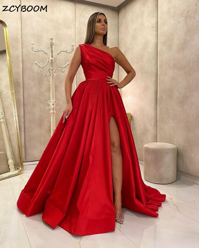 Red One Shoulder Split Prom Dress 2022 Women Formal Party Night Vestidos De Gala A-Line Satin Elegant Simple Long Evening Gowns