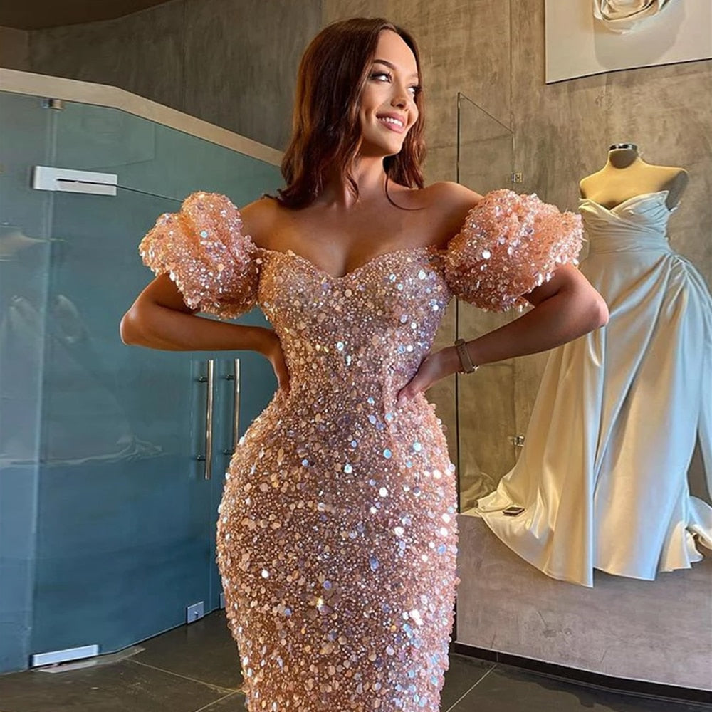 Sparkly Evening Dresses Long 2022 Off Shoulder Puff Sleeves Mermaid Prom Gown Sweetheart Pink Sequin Party Dress Robes De Soiree