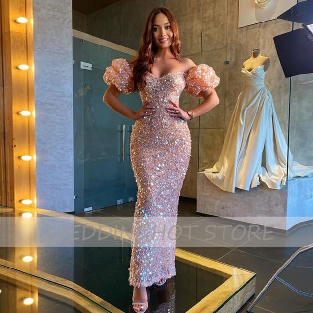 Sparkly Evening Dresses Long 2022 Off Shoulder Puff Sleeves Mermaid Prom Gown Sweetheart Pink Sequin Party Dress Robes De Soiree