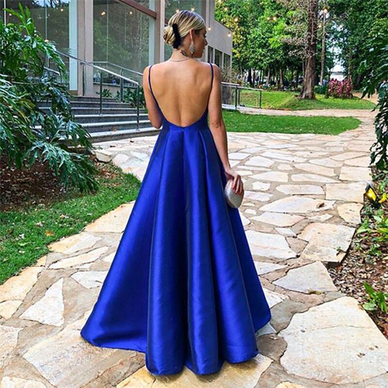 Royal Blue Evening Dress 2022 Sexy Spaghetti Straps Vestidos De Fiesta V Neck Open Back Robe De Soiree Long Prom Gowns
