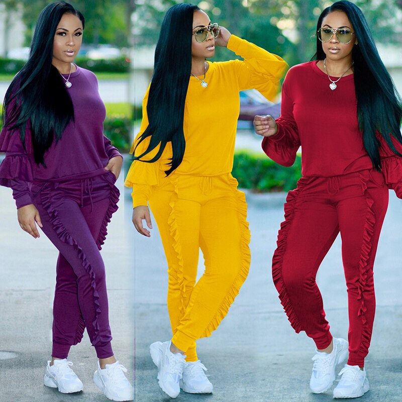 Female TWO PIECE SET Ruffles Lantern Sleeve Jogger Pants Track Suit Twinset Winter Outfits Women Clothing Runway Ensemble Femme