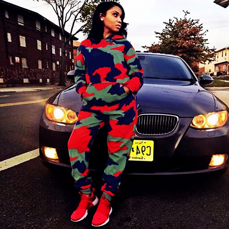 Long Sleeve TWO PIECE SET Hoodie Print Camouflage Tracksuit Survetted Women Runway Pants Joggers Sweat Suit Streetwear Clothes